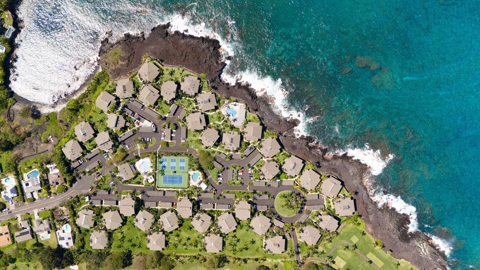 Aerial view of Kanaloa at Kona resort and coastline
