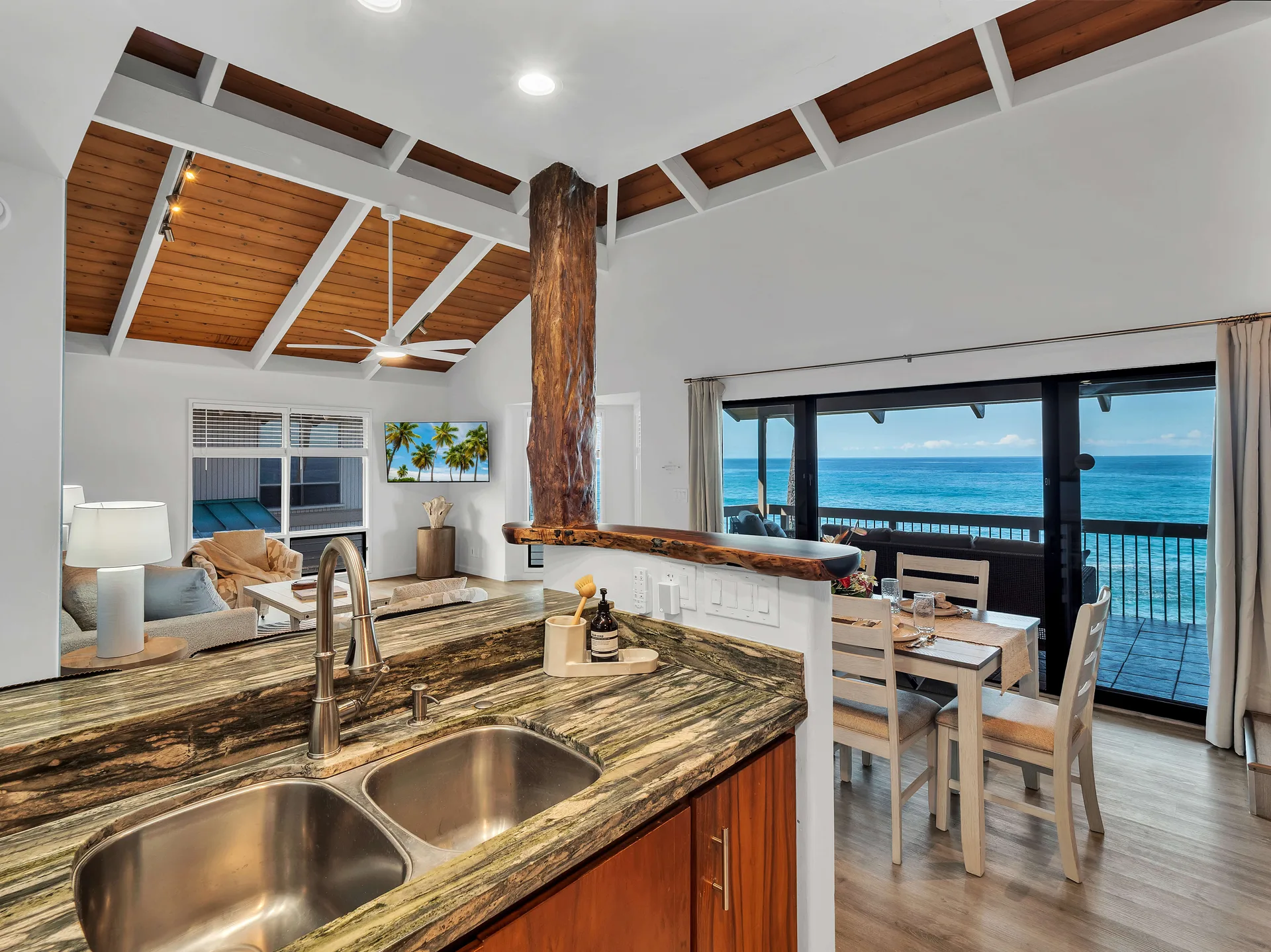 Kitchen with ocean views through to the lanai